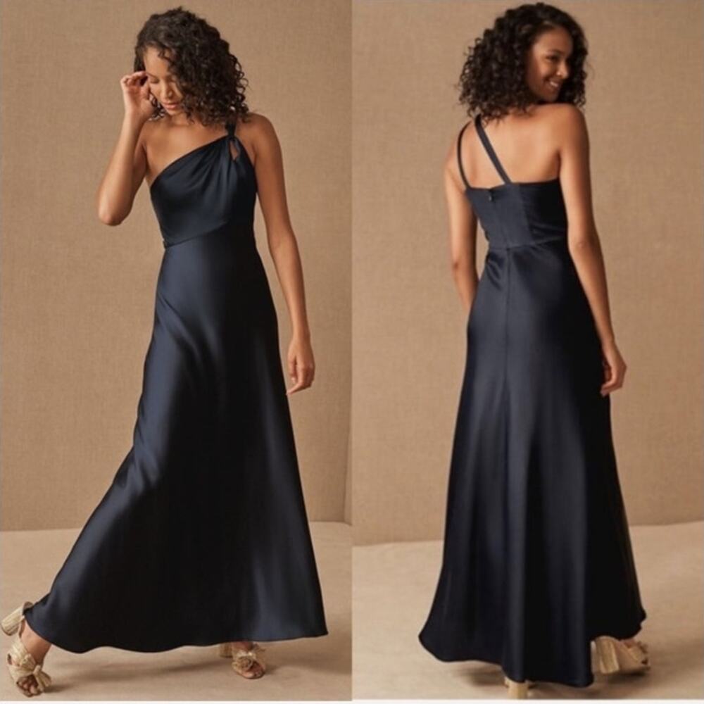 BHLDN Anthropologie Navy Blue Satin Asymmetrical One-Shoulder Maxi Gown Size 6